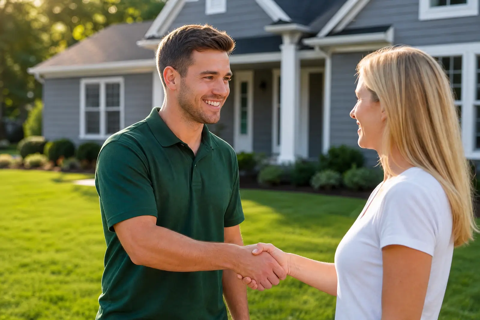 Cape May County Sod installer shaking hands with a homeowner in front of a freshly installed lawn