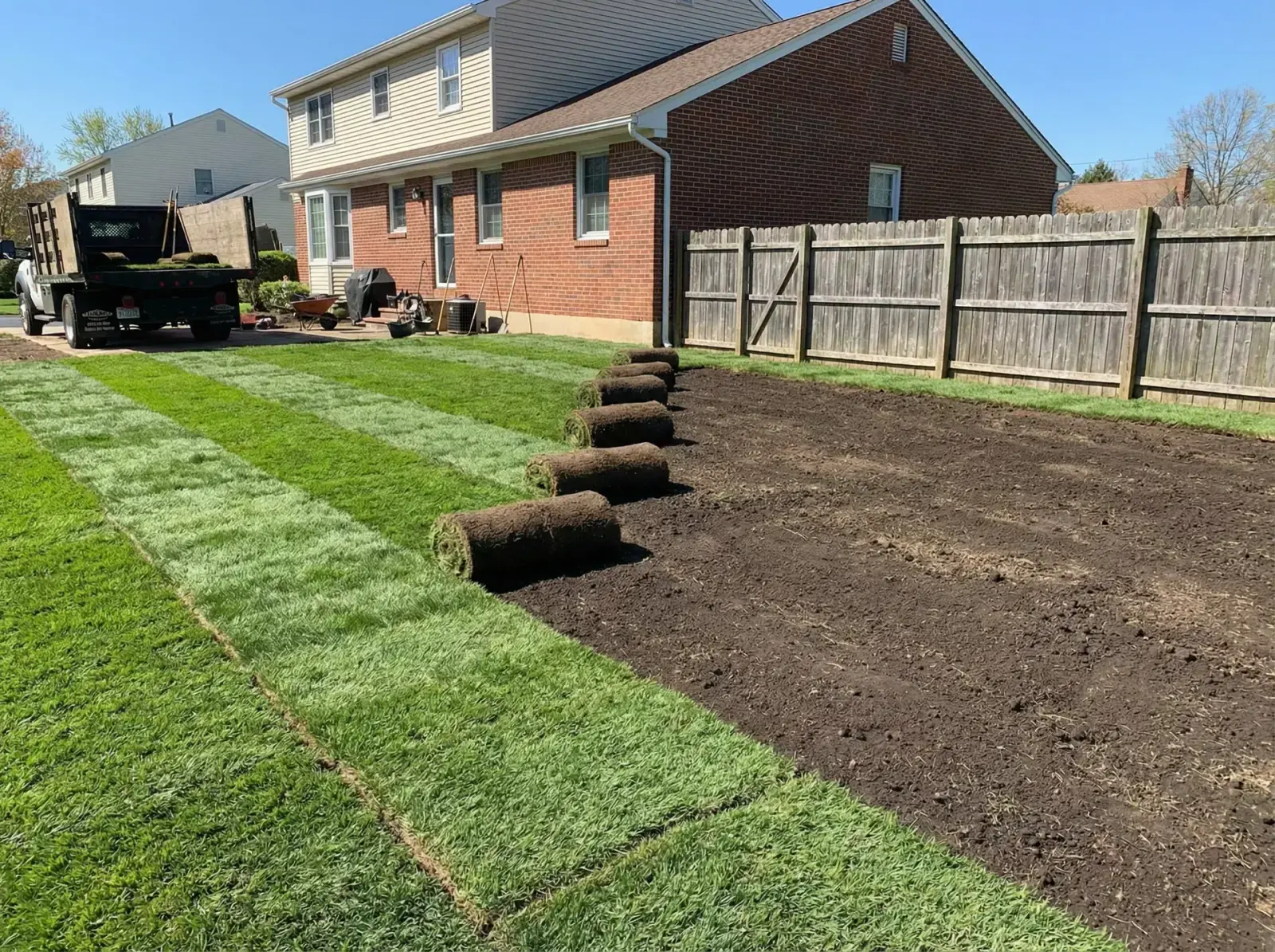 Fresh sod rolls being installed in a prepared yard